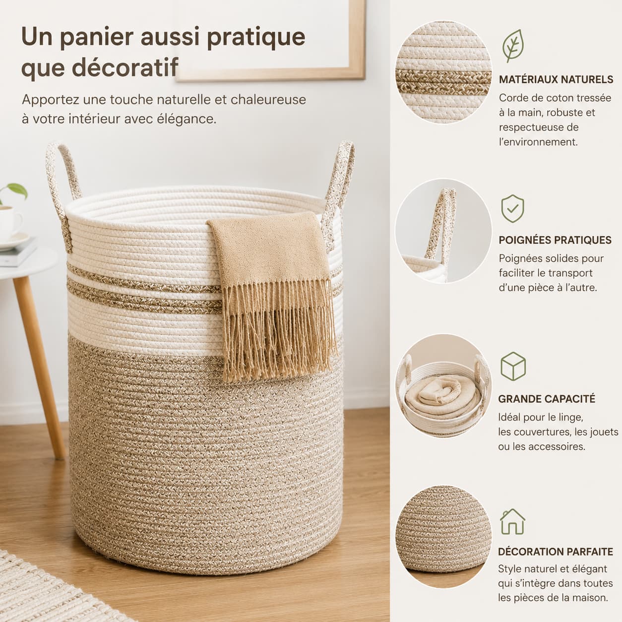 Panier de rangement tressé en corde de coton | NaturalBasket™ Panier à linge tressé
