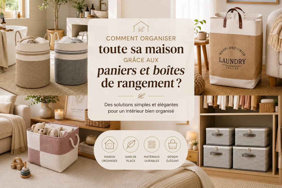 Boîtes de rangement et paniers organisant efficacement différentes pièces de la maison dans un intérieur chaleureux