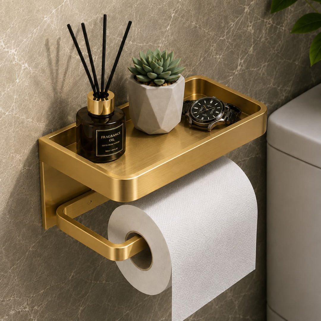 Porte papier toilette mural avec tablette | ChicHolder™  Sans perçage, Aluminium Premium