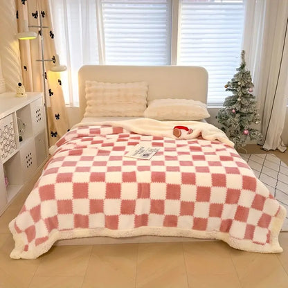 couverture-hivernal-carreaux-rose-caroussel-lit