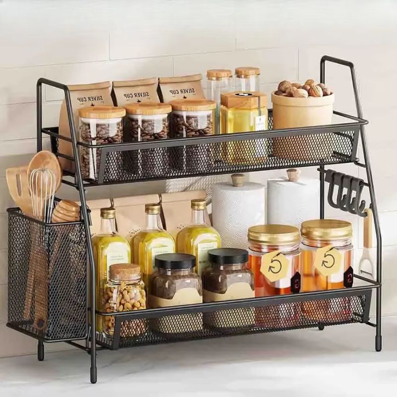 Etagère à épices multifonction | Porte épices 2 niveaux avec crochets & panier latéral