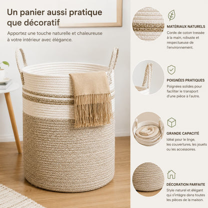 Panier de rangement tressé en corde de coton | NaturalBasket™ Panier à linge tressé