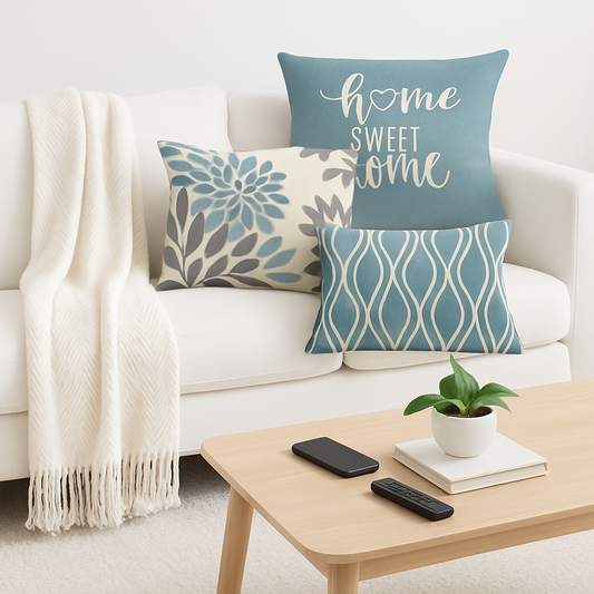 plaid-chauffant-blanc-coussins-trois-bleus-rectangulaires