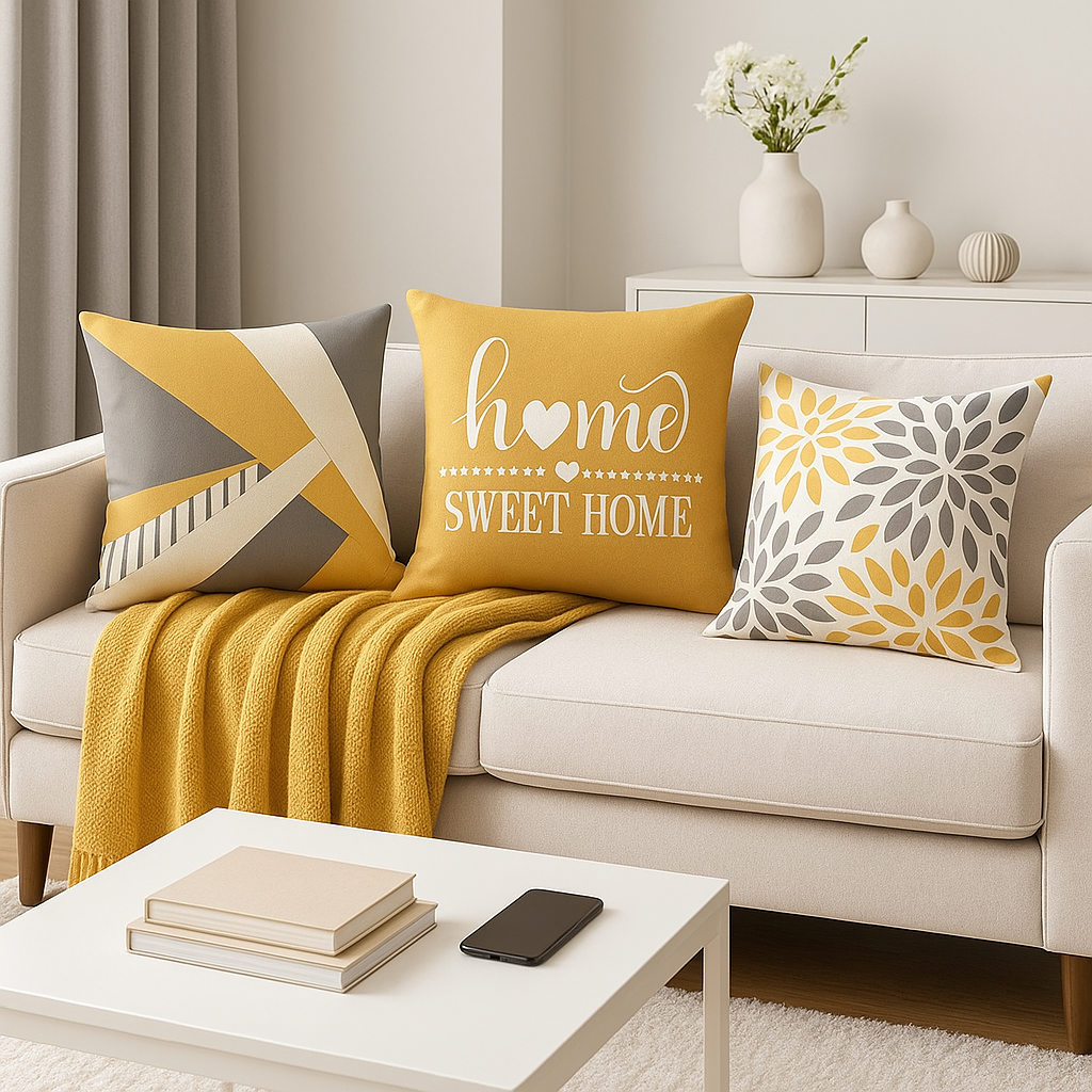 plaid-chauffant-jaune-coussins-assortis