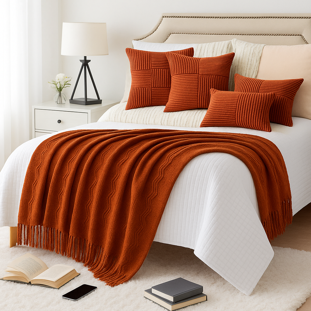 plaid-chauffant-rouge-coussins-assortis