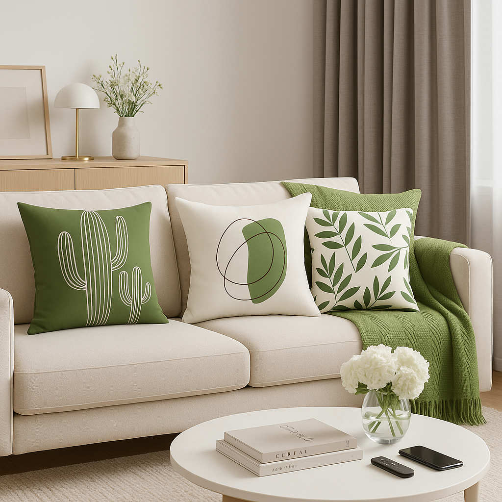 plaid-chauffant-vert-coussins-assortis