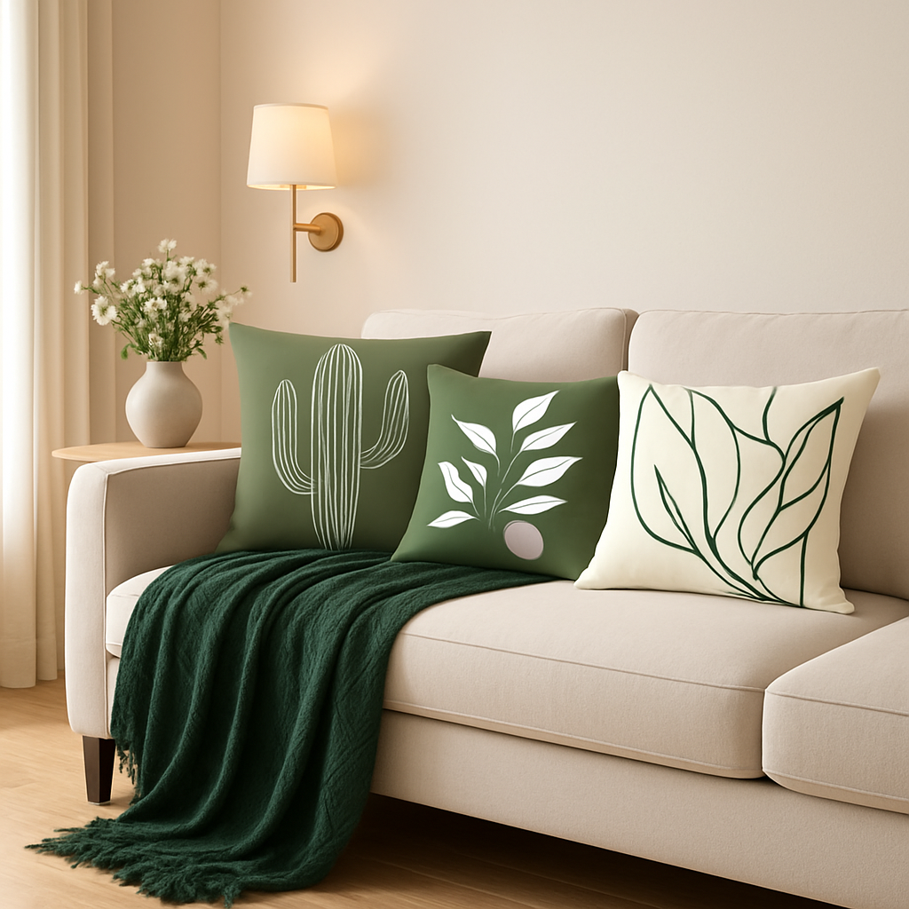 plaid-chauffant-vert-trois-coussins-verts