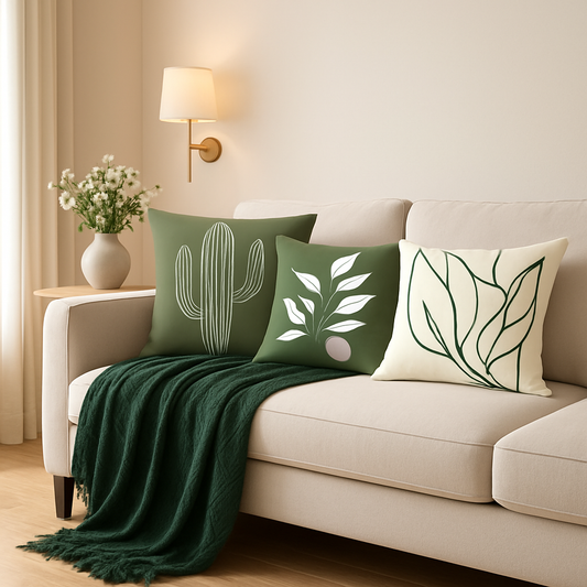 plaid-chauffant-vert-trois-coussins-verts