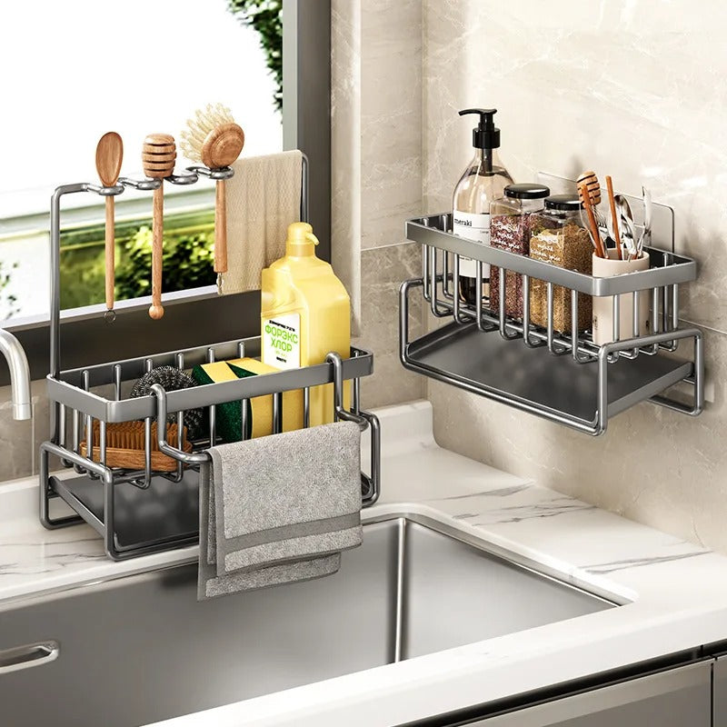 rangement-évier-cuisine-métal-gris